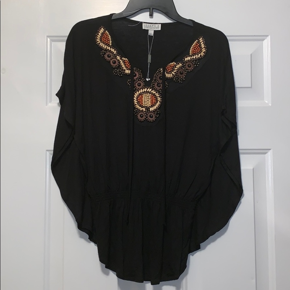 NWT Joseph A Black Beaded Boho Blouse Hand-Beaded Detail Size Small